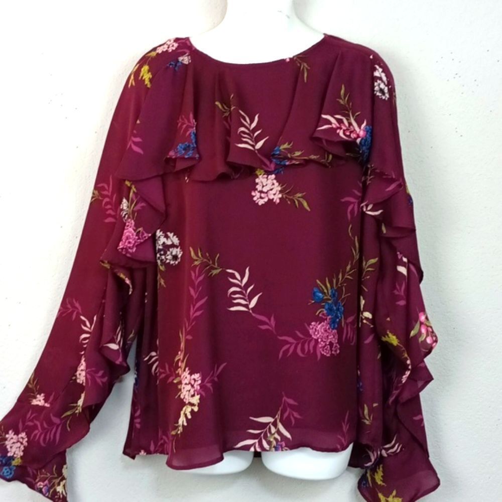 Kaari Blue Women Dark Floral Long Sleeve Ruffle Scoop Neck Boho Top Sz XL
